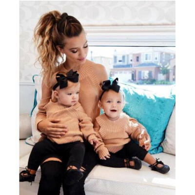 

Family Matching Mom Kids Off Shoulder Knit Long Sleeve Sweater Pullover Jumper