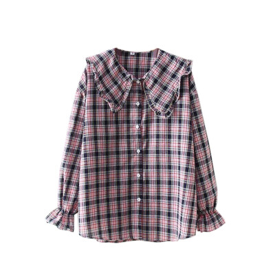 

Women Plaid Shirt Long Sleeve Spring Tops Ladies Loose Doll Collar Trumpet Sleeve Casual Women Tops And Blouses