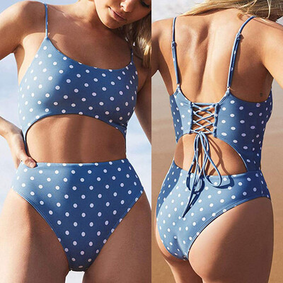 

Roseonmyhand Women Scoop Neck Cut Out Front Lace Up Back High Cut Monokini One Piece Swimsuit