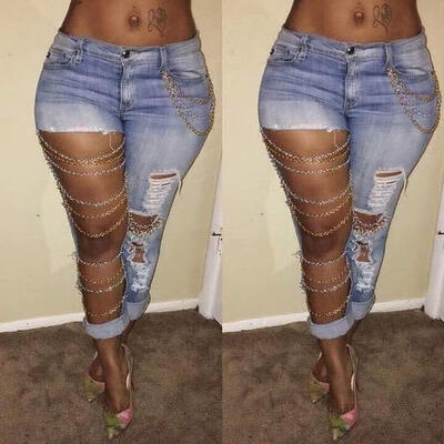 

Fashion Women Sexy Destroyed Ripped Distressed Chain Denim Pants Boyfriend Jeans