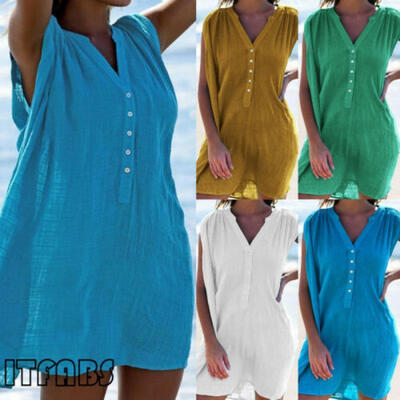 

CA Women Summer Dresses Sundress V Neck Gathered Beach Holiday Short Linen Dress