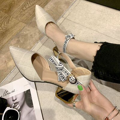 

Baotou Sandals Womens Summer Korean version of Joker pointed buckle with thick documentary shoes girl heels