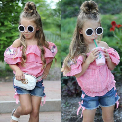 

Canis Lovely Kids Baby Girls Off Shoulder Flower Tops Denim Pants Shorts Outfit