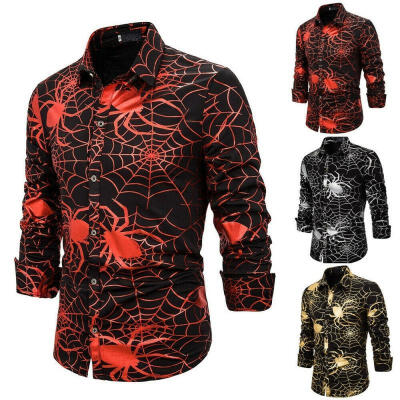 

2XL Men&39s Halloween Button Down Shirts Spiders Web Long Sleeve Business Shirts Tops Fashion Blouse GoldSilverRed