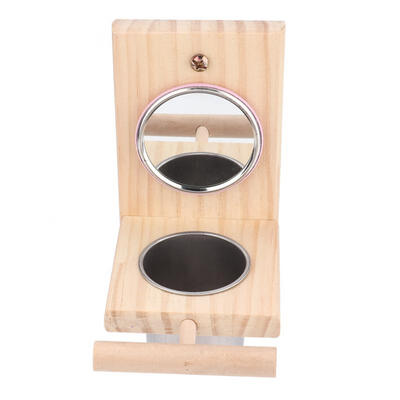 

Greensen Bird Stainless Steel Feeder Food Cup Mirror Parrot Wooden Standing Perch Cage Platform