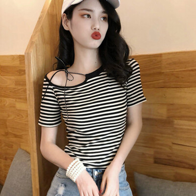 

Sexy Womens Asymmetrical Collar Short Sleeve Striped Lace Up Summer T-Shirt