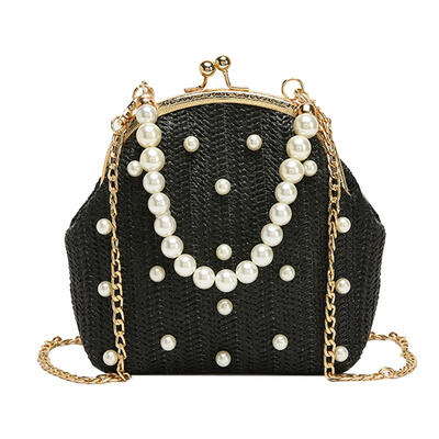 

Straw Woven Shoulder Handbags Women Pearls Decor Chain Small Crossbody Bags