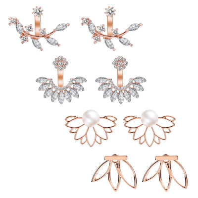 

4 Pairs Lotus Flower Earrings Stud Jacket Earrings Simple Chic Earrings Back Cuffs Stud Earring sets for Women Girls