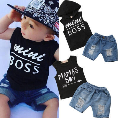 

Kids Baby Boys Hoodie Letters T-shirt VestDenim Short Pants 2Pcs Set Clothes Dress Outfits 1-5Y