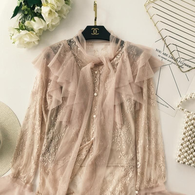 

elegant flare sleeve mesh shirts two piece set shirt
