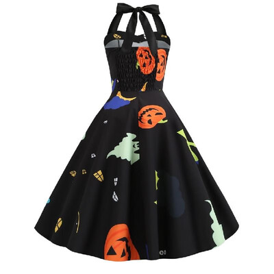 

X3325 cross-border Halloween new retro womens sexy hanging neck wrapped chest elastic waist print Slim big swing skirt black