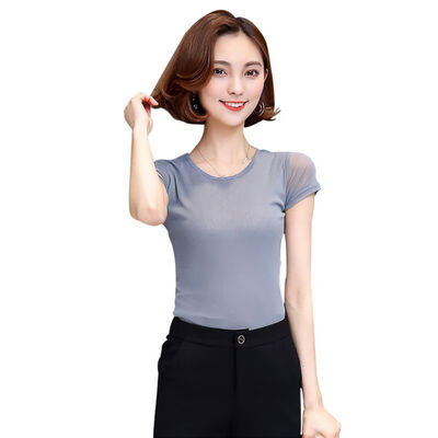 

Women Autumn Sexy Lace T-shirt Solid Color Short Sleeved Round Neck Tee Slim Lace Short Simple T-shirt Tops