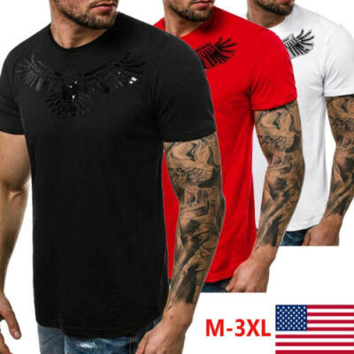 

Mens Short Sleeve Sequins Embroidery Shirts Muscle Tee T-shirt Fit Gym Tops USA