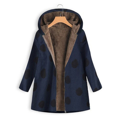 

Womens Polka Dot Hooded Coat Vintage Winter Long Pocket Jacket Outwear Plus Size
