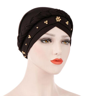 

Solid Color Braid Beads Decor Women Muslim Hijab Turban Head Scarf Cap Hat