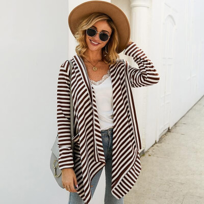 

Women Hooded Cardigan Coat Striped Print Open Front Long Sleeves Asymmetrical Spring Autumn Casual Hood Coat