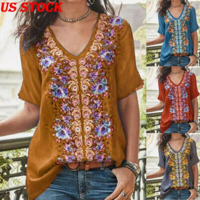 

US Summer Women T-Shirt Boho Print Tee Deep V-Neck Long Sleeve Shirts Top Blouse