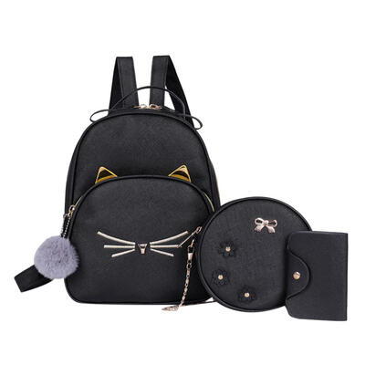 

3pcsset Cat Print Travel Backpacks Women Leather Shoulder Bags Card Holder