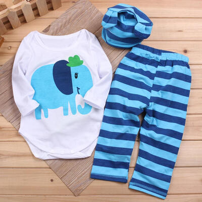 

3pcs Boys Clothes Set Stripe Cute Elephant Baby Rompers Pants Hat Outfits