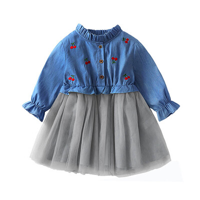 

Toddler Baby Girls Long Sleeves Cherry Denim Kids Clothing Princess Dress