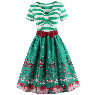 

Striped Bowknot Printed Flare Dress