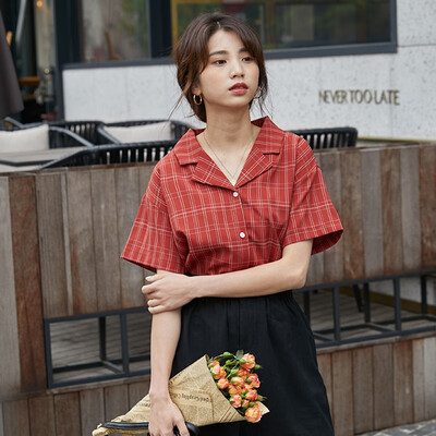 

Women Summer green red Plaid Cotton Sexy V Neck short Sleeve Tops Blouse Female Plus Size Casual Shirt Haut Femme Kimono Roupas