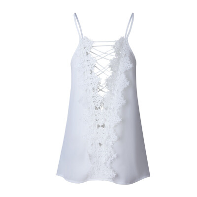 

Sexy Women Deep V Lace Vest Top Summer White Shirts Female Camis Sleeveless Clothing W1