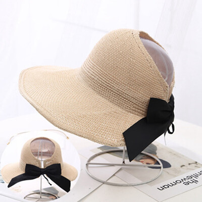 

New Fashion Elegant Summer Female Bow Knitted Wool Straw Empty Hat Outdoor Travel Portable Foldable Sunscreen Beach Sunshade Hat
