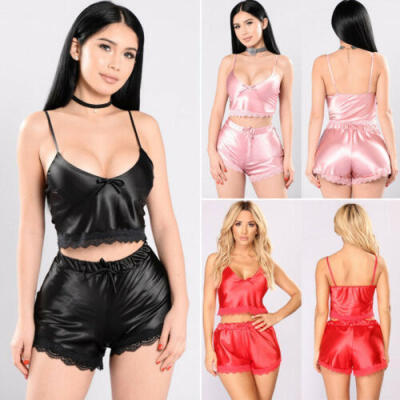 

Women Satin Lace Sleepwear Babydoll Lingerie Nightwear Shorts Pyjamas 2Pcs 2019