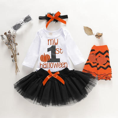 

Baby Girls My 1st Halloween Outfits Pumpkin Romper Tops Tulle Tutu Skirt Dress Leg Warmers Headband 4PCS Clothing Set