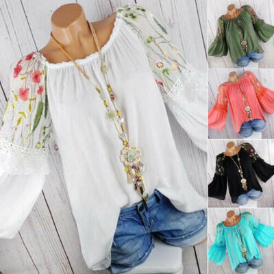 

Womens Lace Crochet Floral Bell Sleeve Loose Blouse Tunic Tops Shirts Plus Size