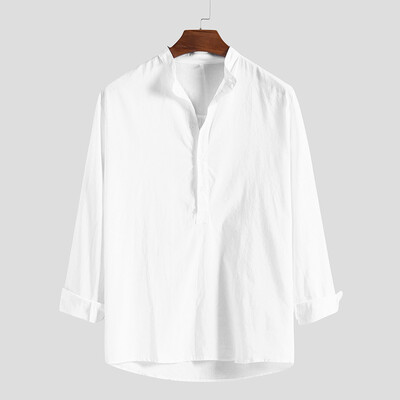 

Toponeto Men Ethnic Style Solid Color Cotton Slim Long Sleeve Dress Shirt Blouse Tops