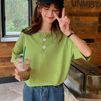 

Women t shirt solid color button top summer short sleeve O-neck knotted casual wild loose T-shirt Solid Basic Soft