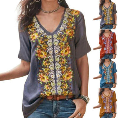 

AU Plus Size Women Boho Floral Short Bell Sleeve Blouse Baggy Tops Ladies TShirt