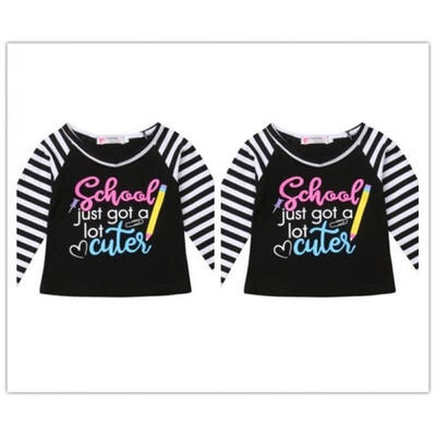 

Fashion Baby Girl Boy Autumn Letter Print Stripes Long Sleeve Round Neck Cotton Top T-Shirt