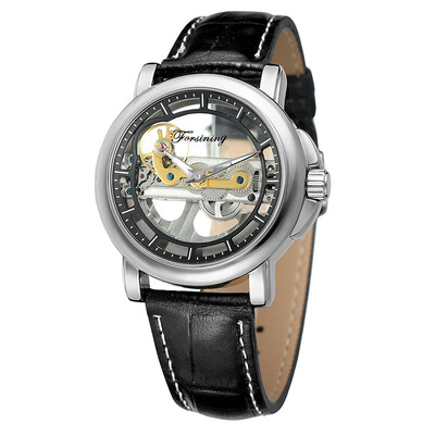 

FORSINING high-grade waterproof leather steel belt double through hollow automatic mechanical watch mens watch