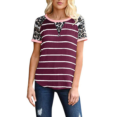 

Starmoon Women Fashion Leopard Stripe Print Patchwork T Shirt O-Neck Short Sleeve Top