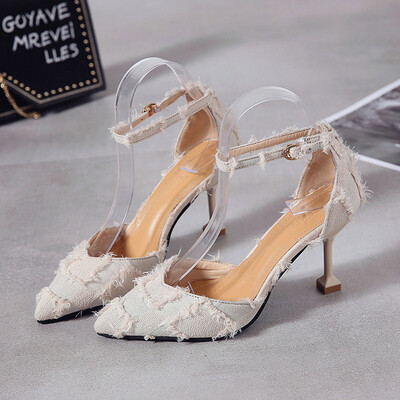 

SpringSummer 2019 New Fine-heeled Pointed High-heeled Shoes Female Joker Hollow One-word Buckle Sandals with Cats