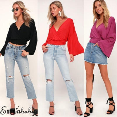 

New Style Long Sleeve Casual V Neck Tops for Women Girl Summer Loose Solid V Neck Tee T Shirt niceshirt