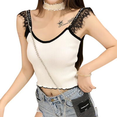 

Womens Lace Stitching Knitted Tank Top Sexy Vest Simple Stretchable Tops Summer Solid Crop Top