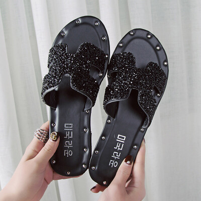 

Slippers Women Wear Spring Korean Version Baitao Fashion Water Diamond Slipped Flat Bottom Sandals