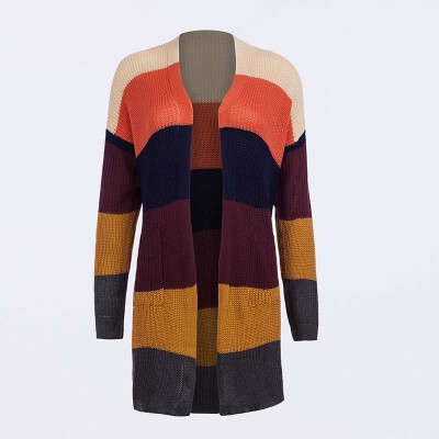 

Autumn Sweater Women Cardigan Rainbow Striped Cotton Long Sleeve Patchwork Knitted Open Front Cardigan Women Coat