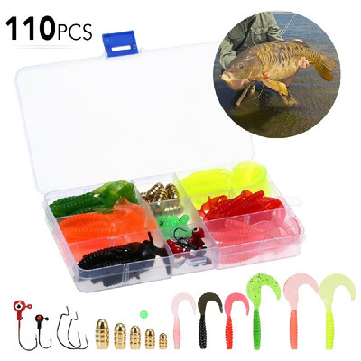 

108pcs Fishing Tackle Set Artificial Soft Bait Grub Earthworm Lures Swimbaits Jig Hooks Set with Tackle Box