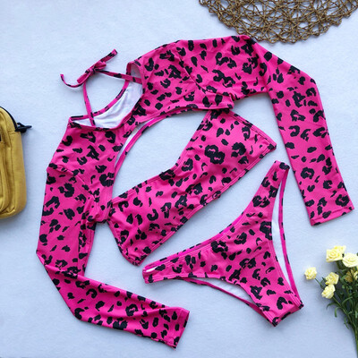 

Women Swimming Costume Leopard Print Swimsuit Sexy Buckle Bikini Set Swimwear