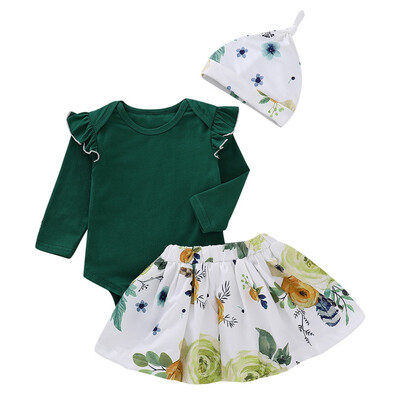 

2018 Autumn Long Sleeve Romper Hat Baby Girls Dress Clothing Set Floral Printed Baby Girls Clothes Suit 3pcs