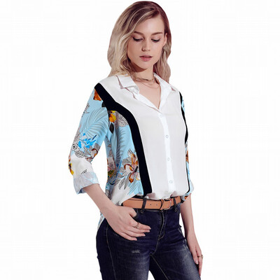 

Suit collar single-breasted long-sleeved printed blouse loose business white-collar shirt