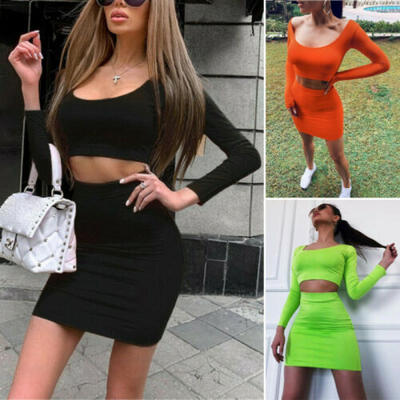 

Women Lady 2 Piece Bodycon Two Piece Crop Top&Skirt Set Lace Up Dress Party