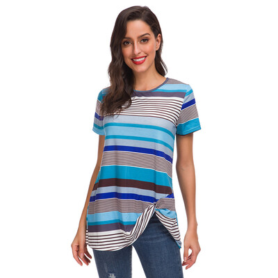 

Nomeni Women Casual Summer Fashion Unregular Stripe O-Neck Short Sleeve Blouse Tops