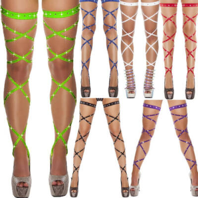 

Sexy Womens Bandage Fishnet Stockings Thigh-High Rhinestone Studded Leg Wraps