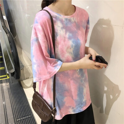 

Women Casual Round Neck Tie Dye Print T-Shirts Short Sleeve Loose Pullover Simple Tee Tops